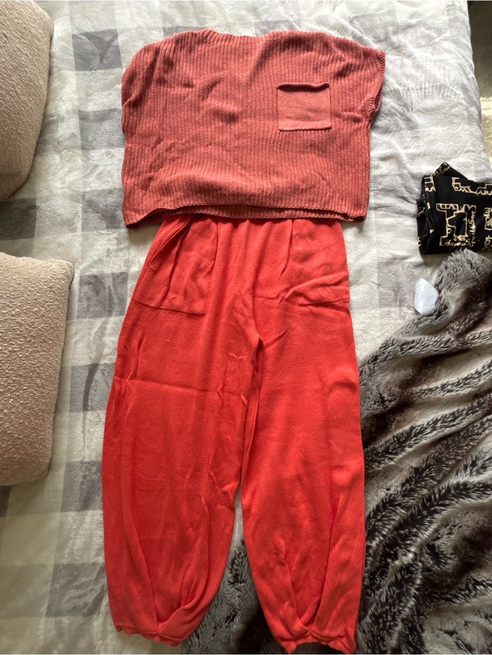 Two-Piece Knit Set in Coral Red - Crop Top & Jogger balloon Pants Amazon